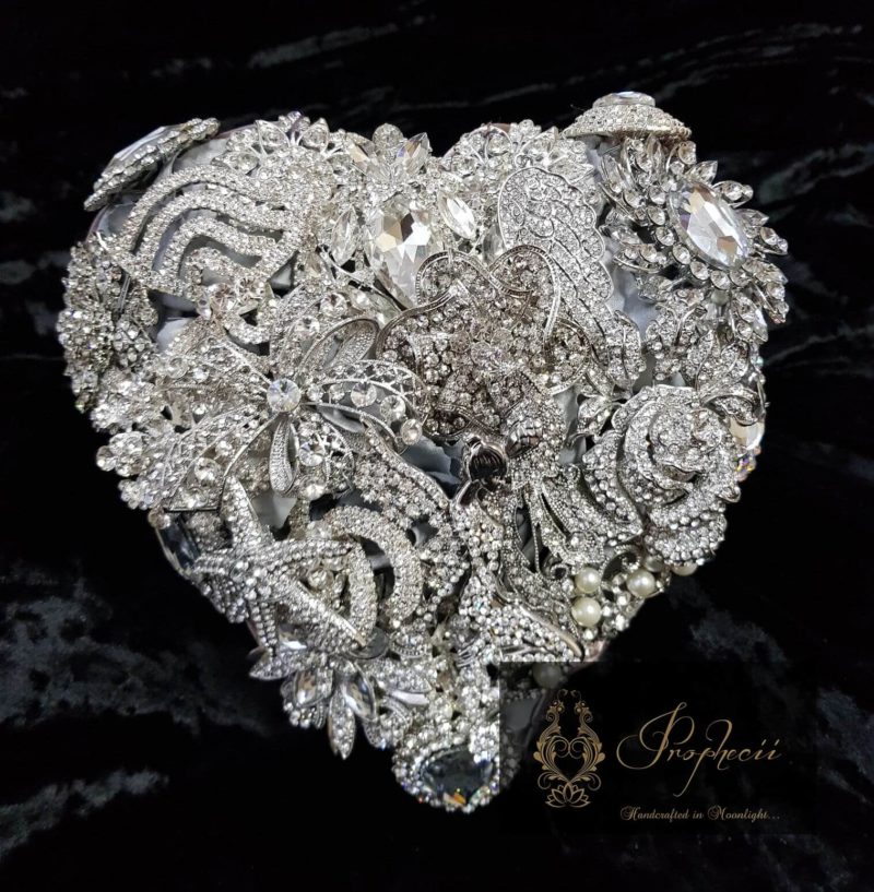 heart shaped silver jewel brooch bouquet